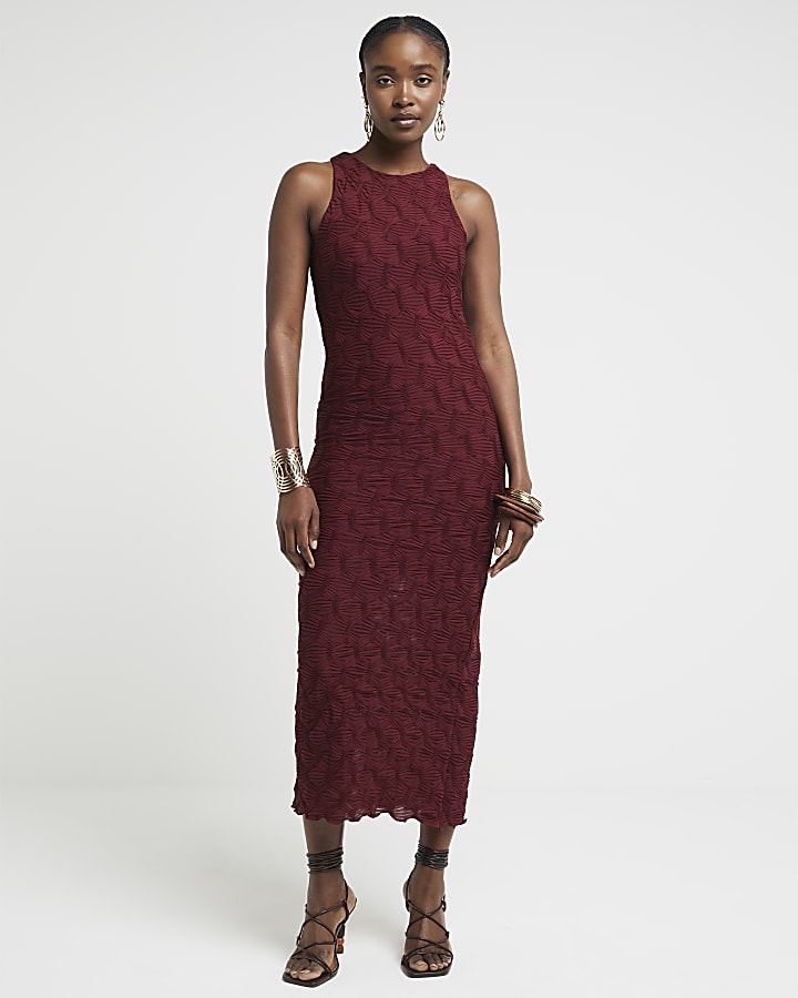 Red textured bodycon midi dress