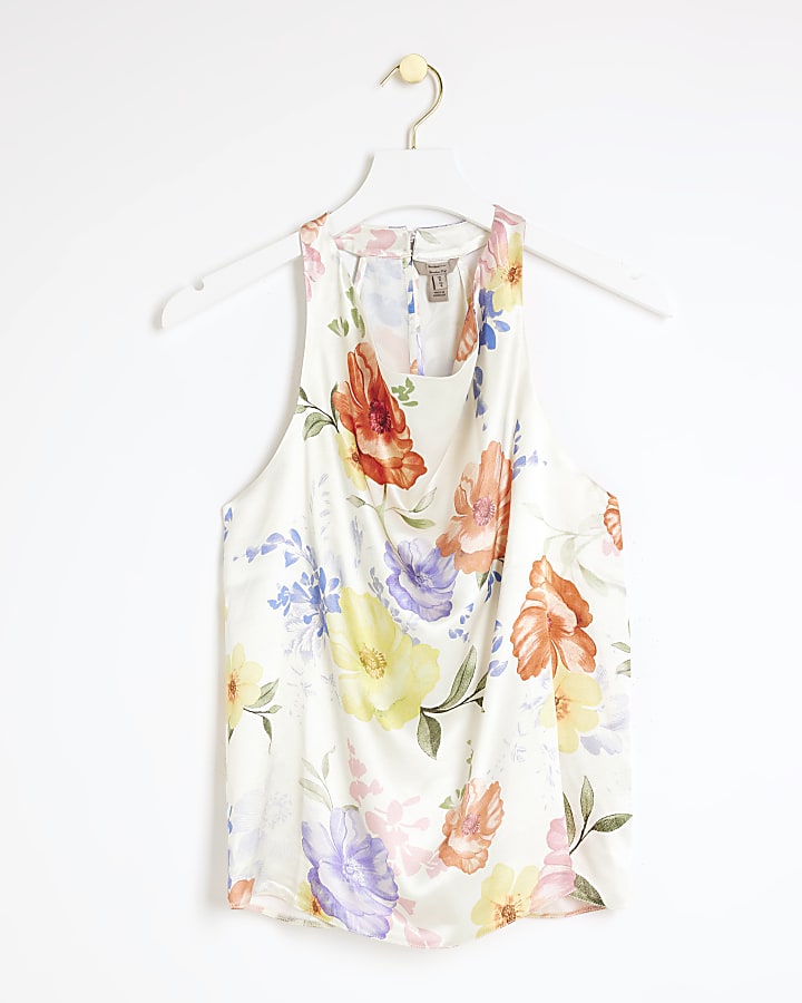 White satin floral halter neck top