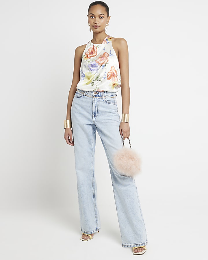 White satin floral halter neck top