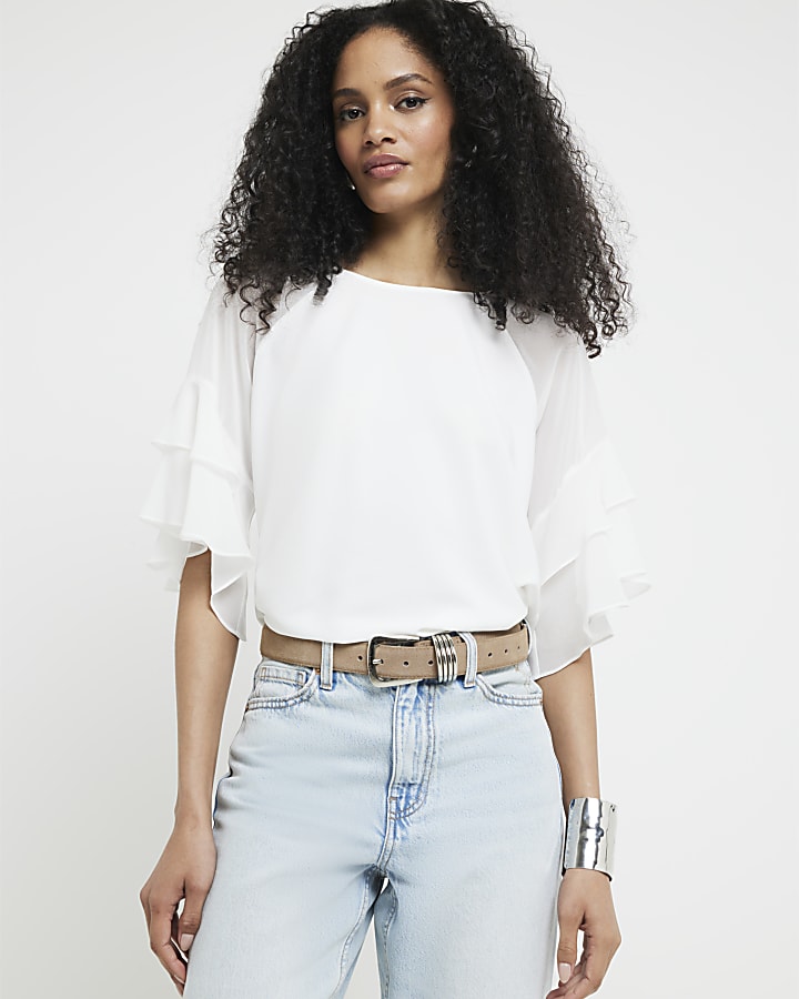 White chiffon frill sleeve blouse