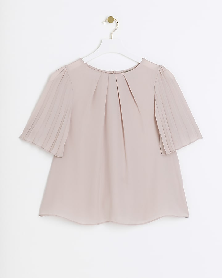 Pink pleated sleeve t-shirt