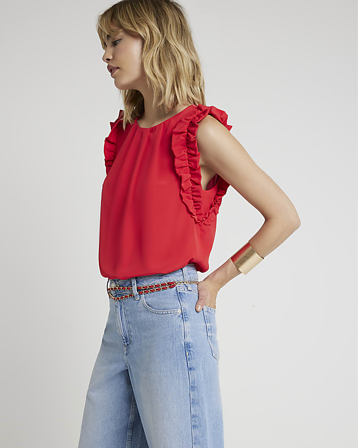 Red sleeveless frill detail top