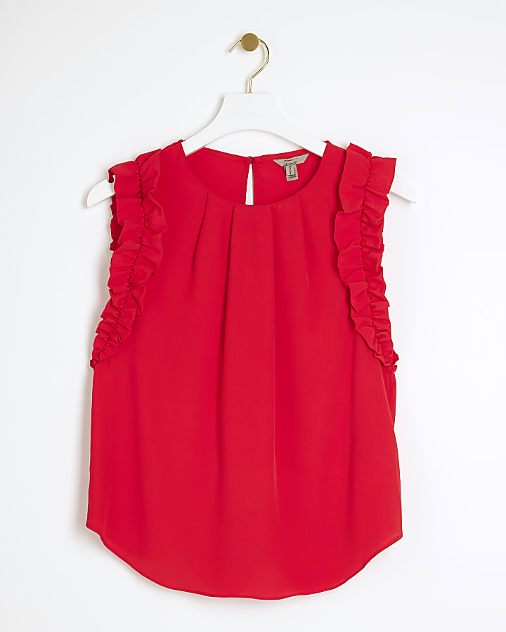 Red sleeveless frill detail top