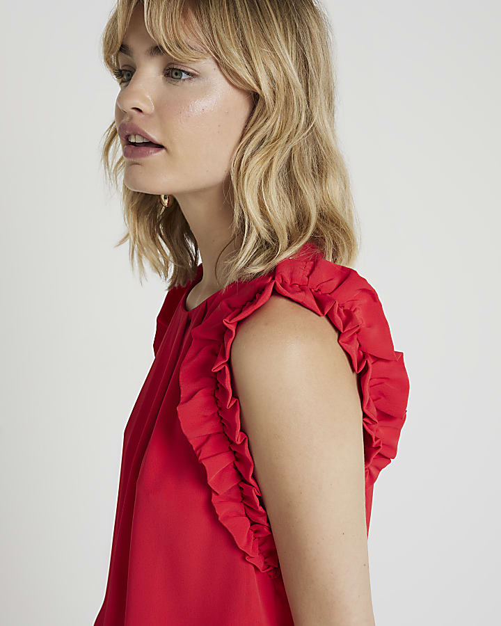 Red sleeveless frill detail top