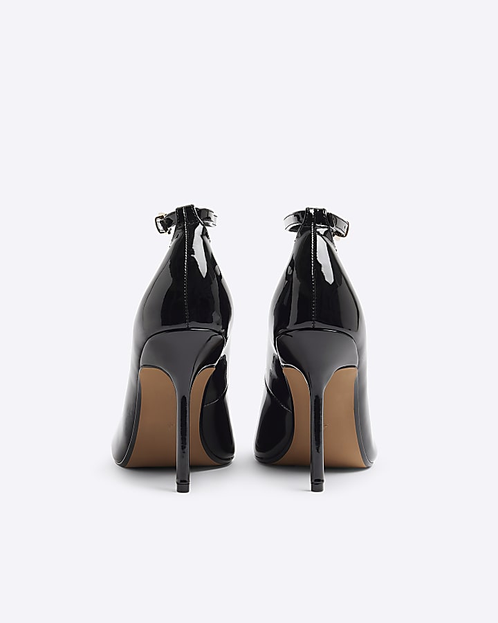 Black ankle strap heeled court shoes