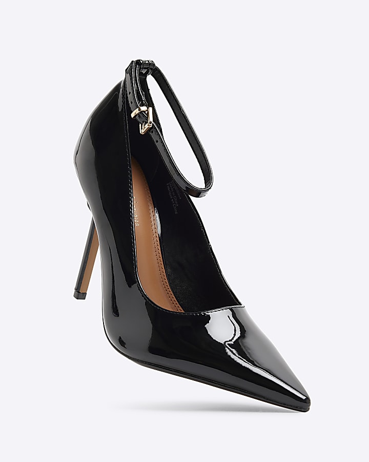 Black ankle strap heeled court shoes