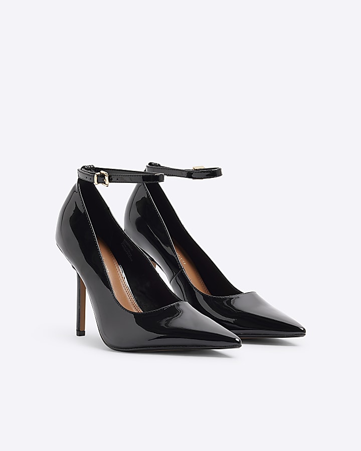 Black ankle strap heeled court shoes