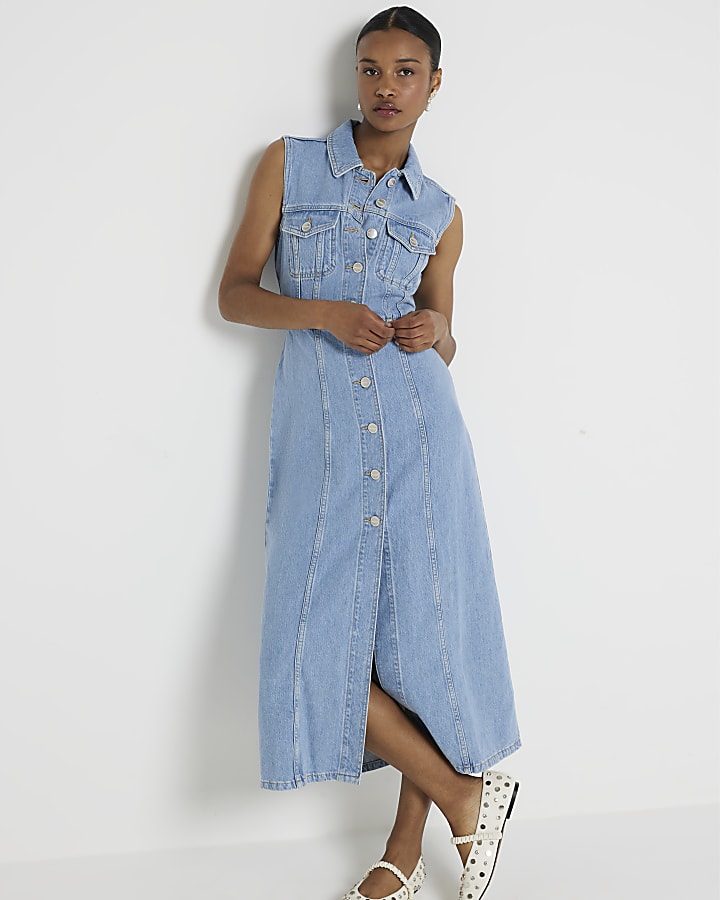 Blue denim midi shirt dress