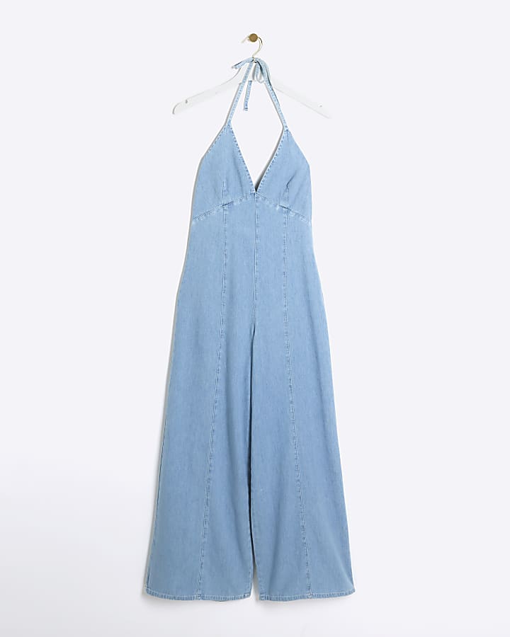 Blue denim halter neck wide leg jumpsuit