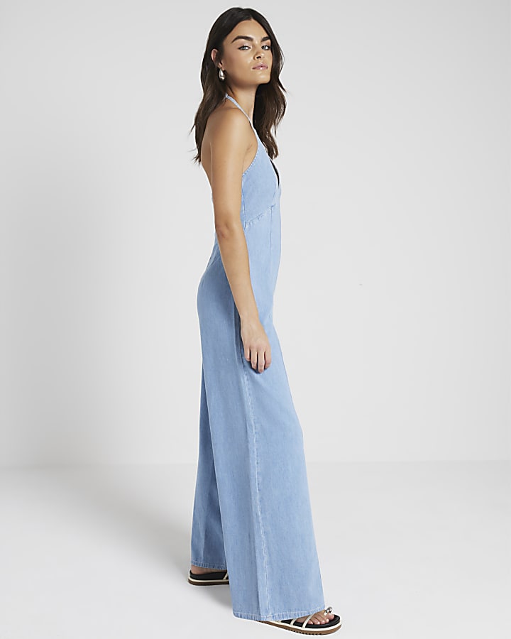 Blue denim halter neck wide leg jumpsuit