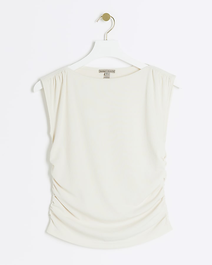 Cream ribbed ruched side vest top