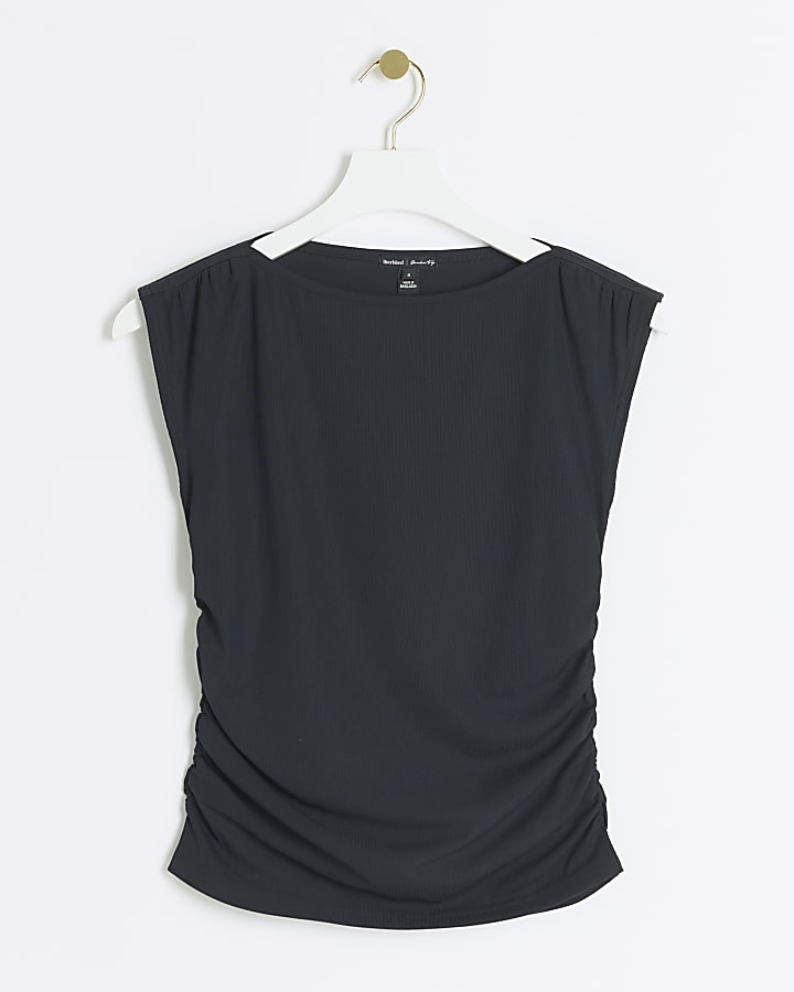 Black ribbed ruched side vest top