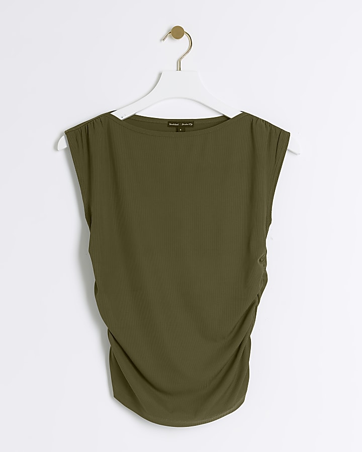 Khaki ribbed ruched side vest top