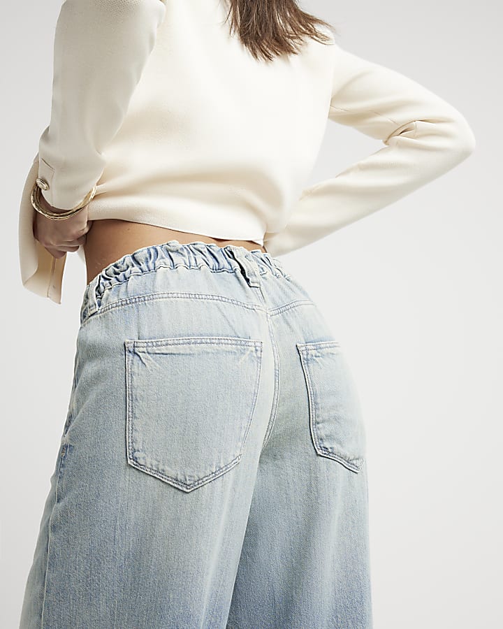 Blue mid rise baggy wide jeans