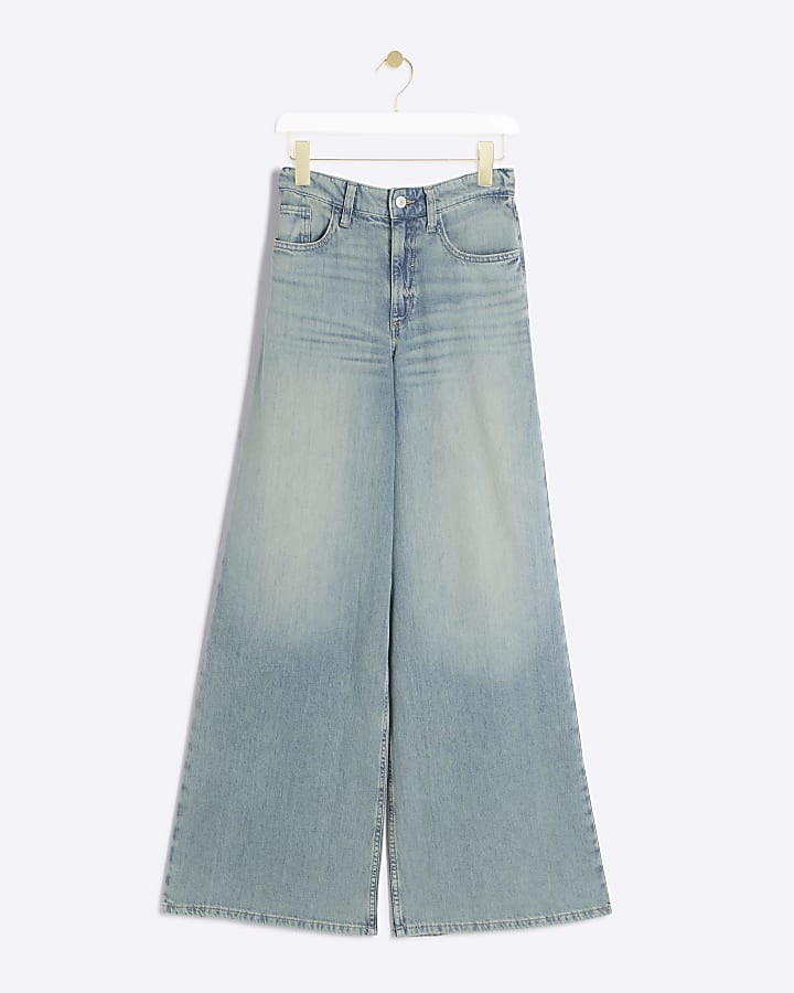 Blue mid rise baggy wide jeans