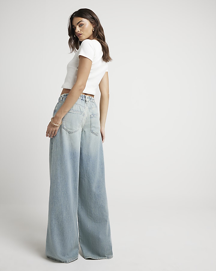 Blue mid rise baggy wide jeans