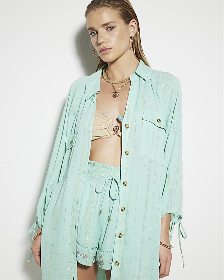 Green metallic stripe oversized beach shirt