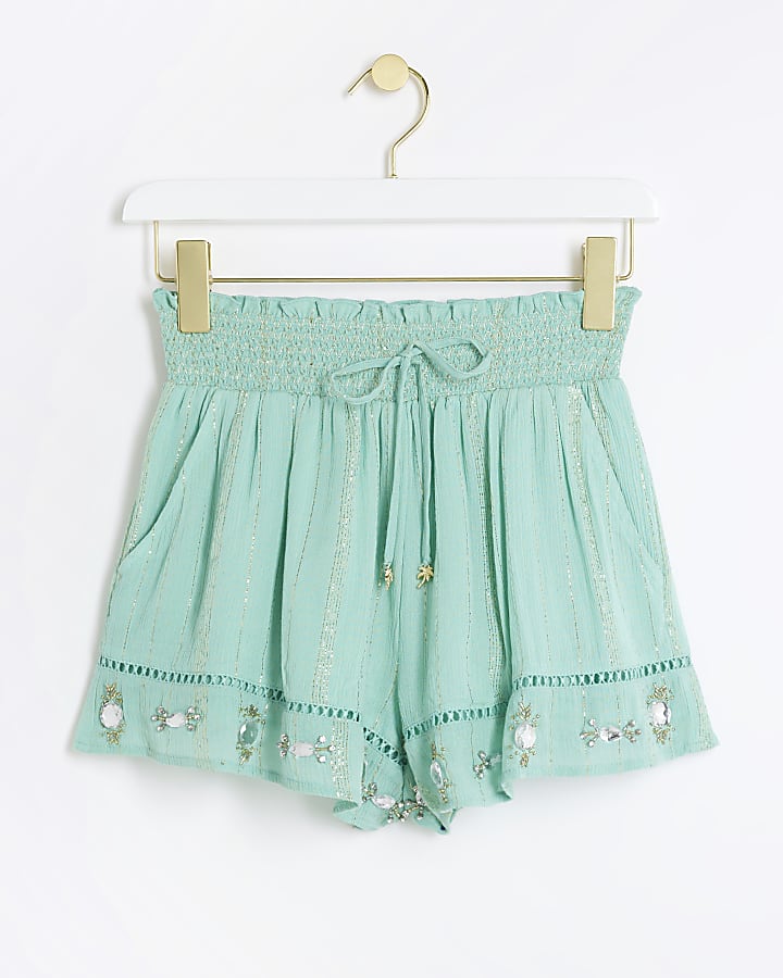 Green metallic stripe beach shorts