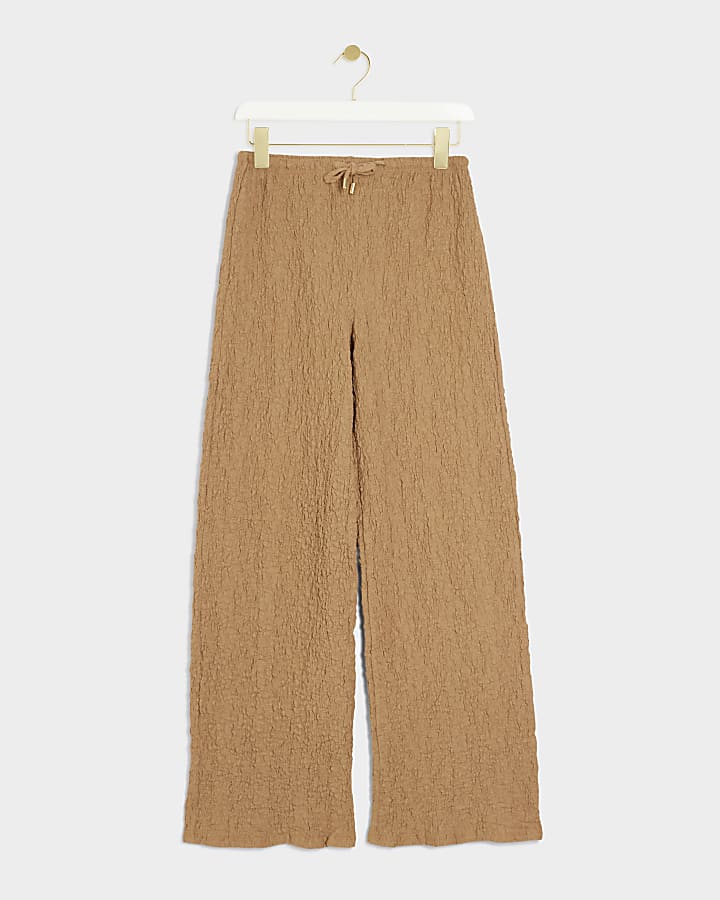 Brown Textured Wide Leg Drawstring Trousers