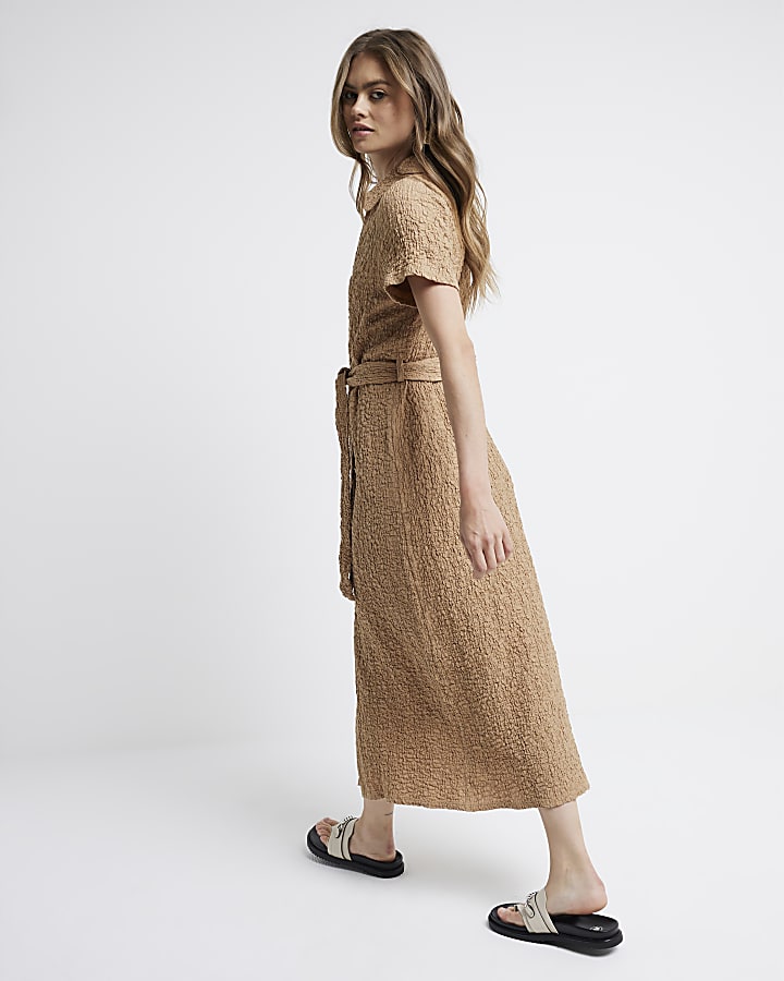 Beige textured belted midi shirt dress