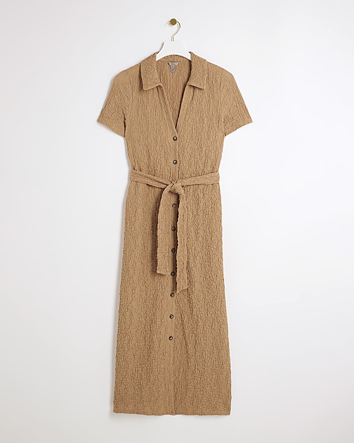 Beige textured belted midi shirt dress