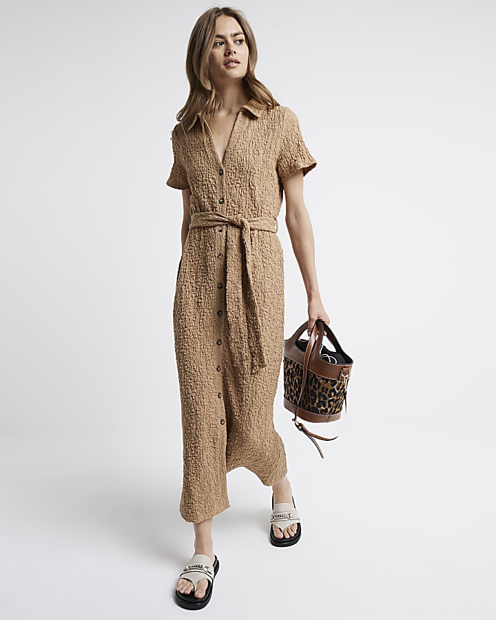 Beige textured belted midi shirt dress