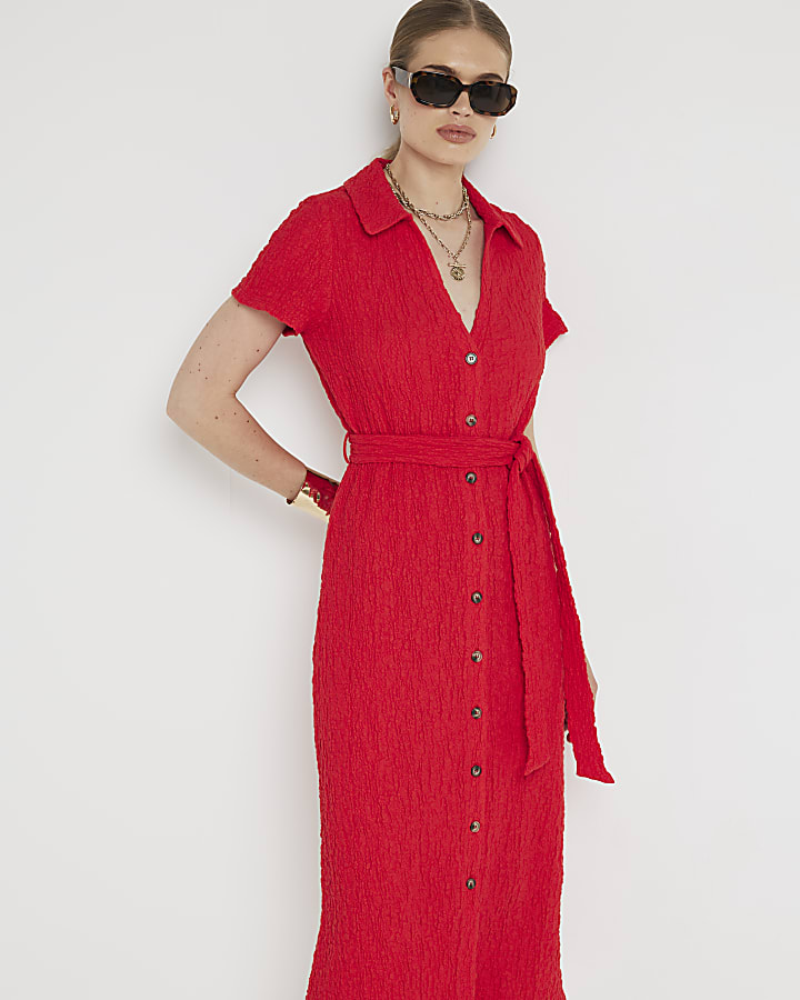 Red textured belted midi shirt dress