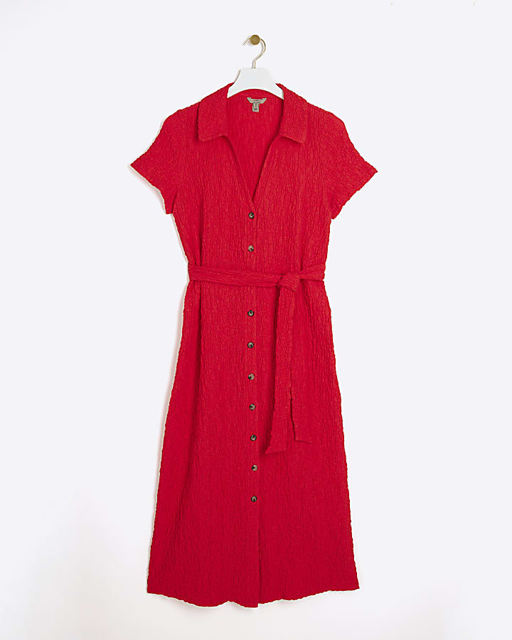 Red textured belted midi shirt dress