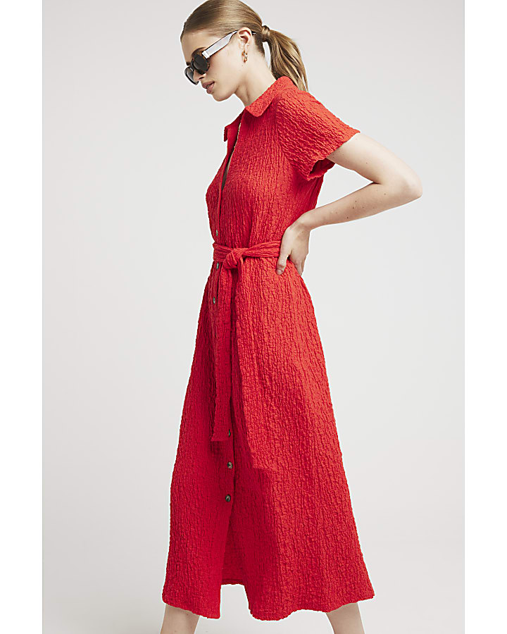 Red textured belted midi shirt dress