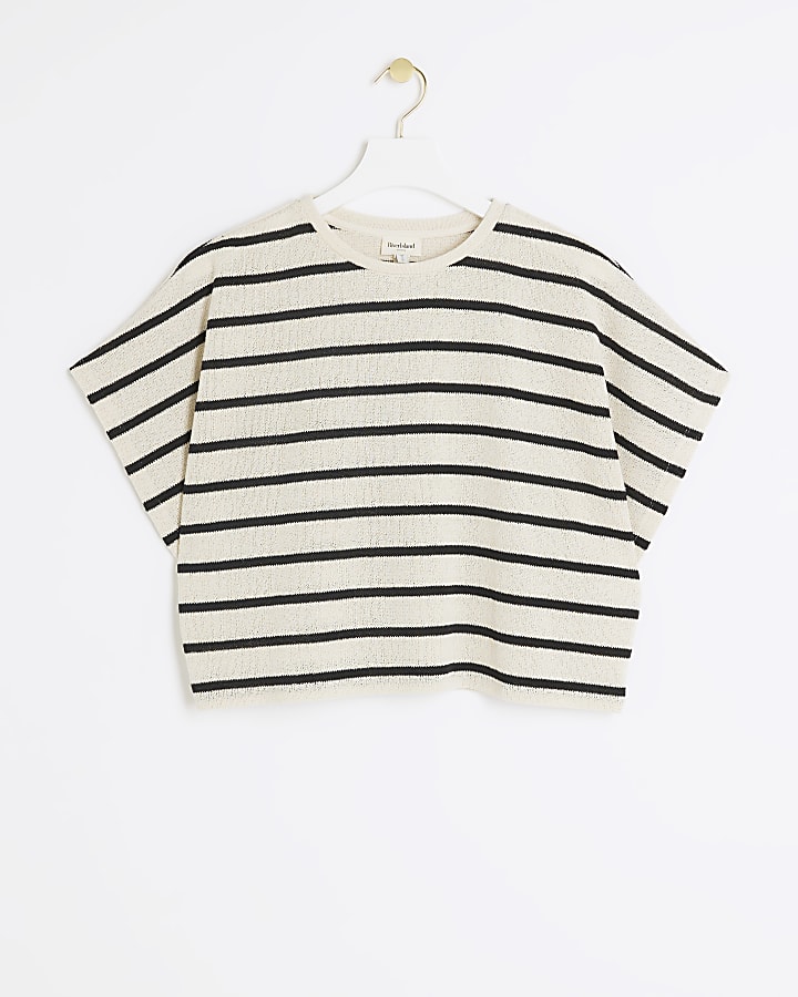 Black crochet stripe short sleeve top