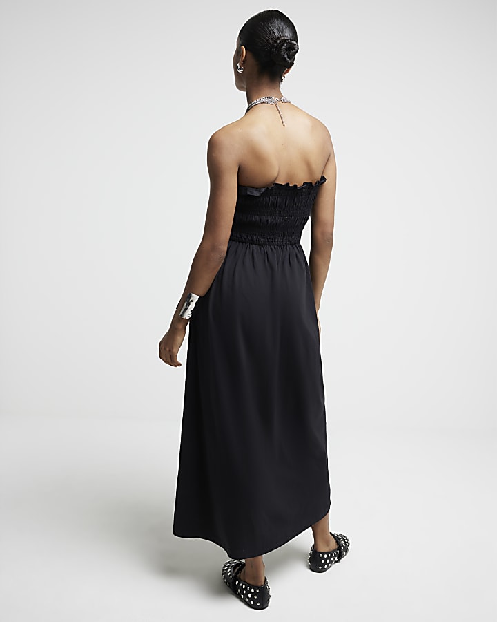 Black Shirred Bandeau Midi Dress