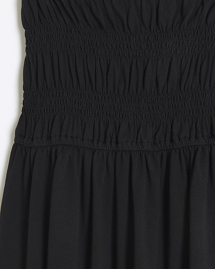 Black Shirred Bandeau Midi Dress