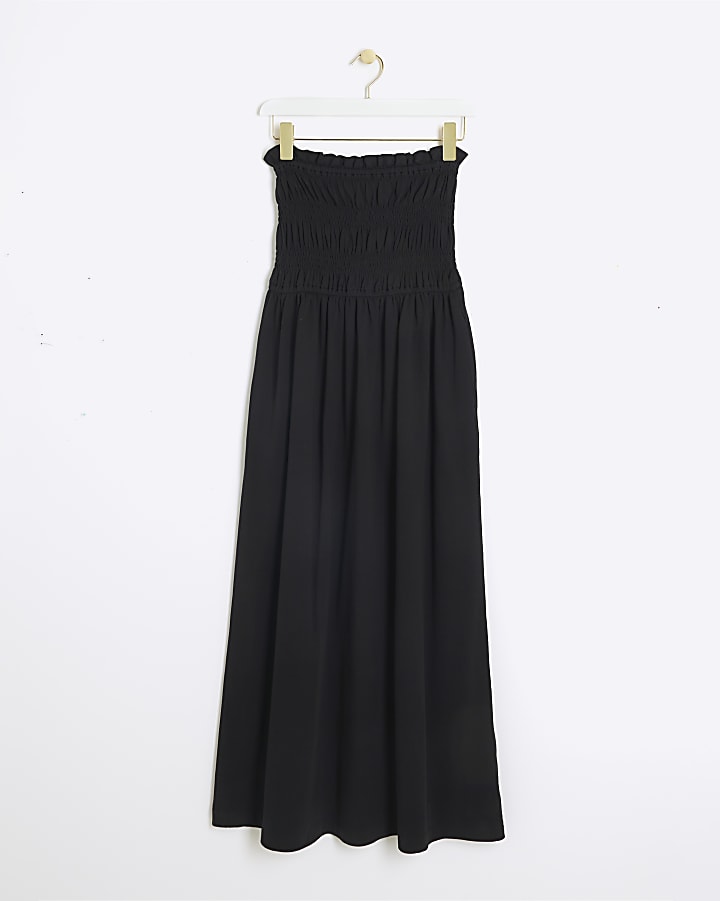 Black Shirred Bandeau Midi Dress