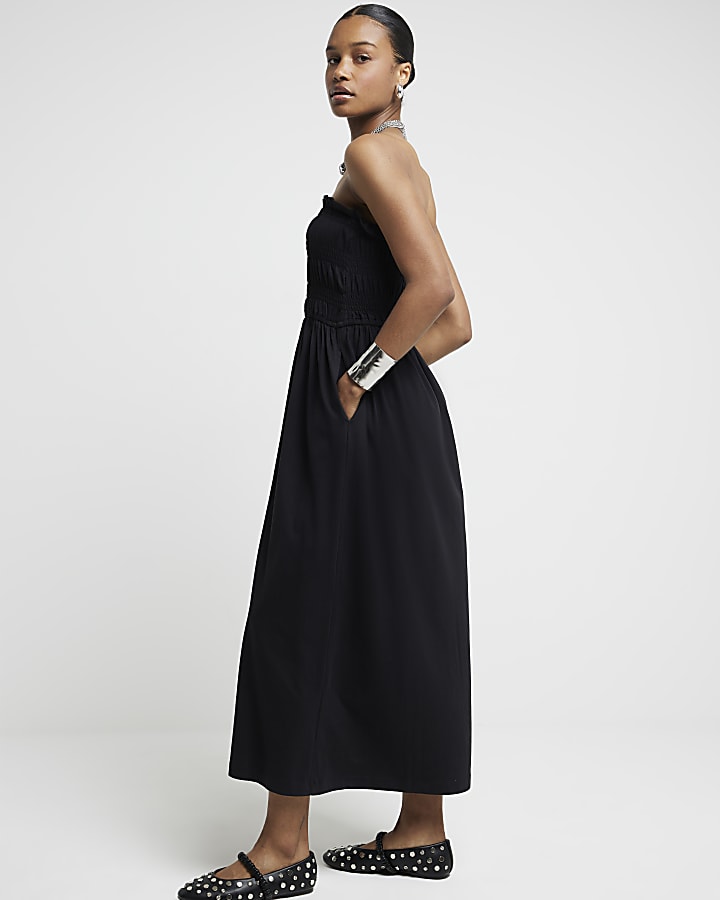 Black Shirred Bandeau Midi Dress