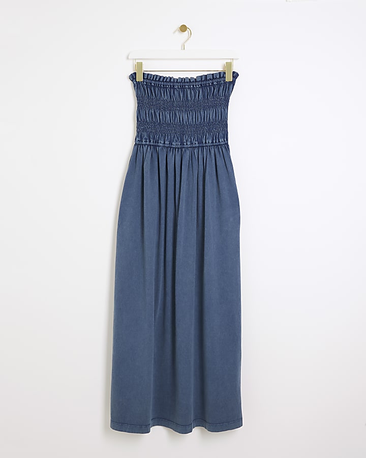 Blue shirred bandeau midi dress