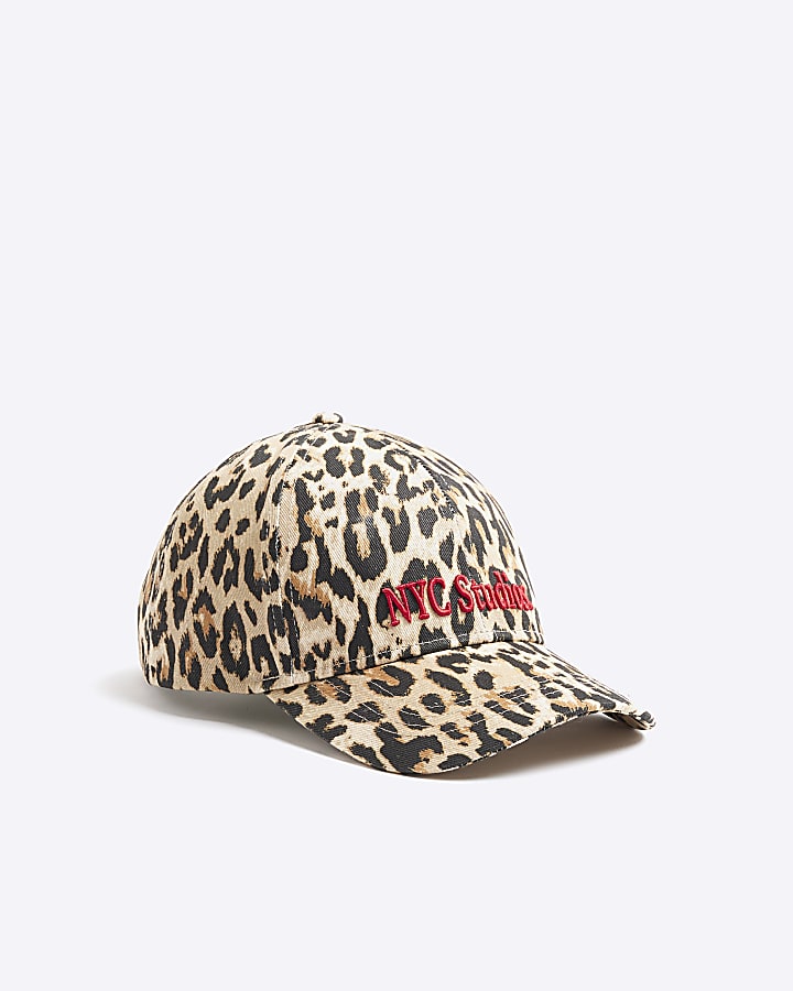 Beige leopard print embroidered cap