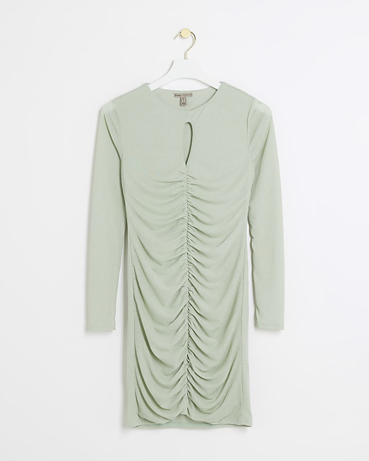 Green ruched cut out mini dress