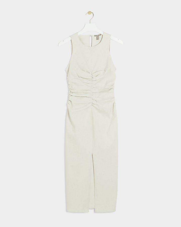 Beige Ruched Detail Midi Dress