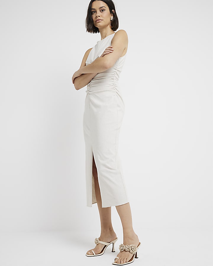 Beige Ruched Detail Midi Dress