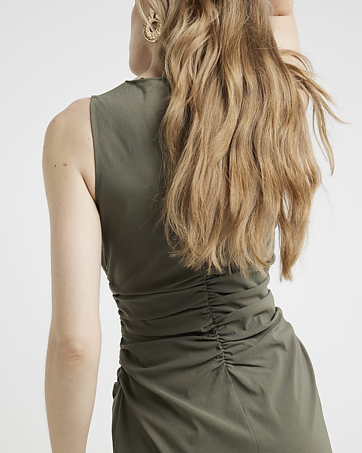 Khaki ruched detail midi dress