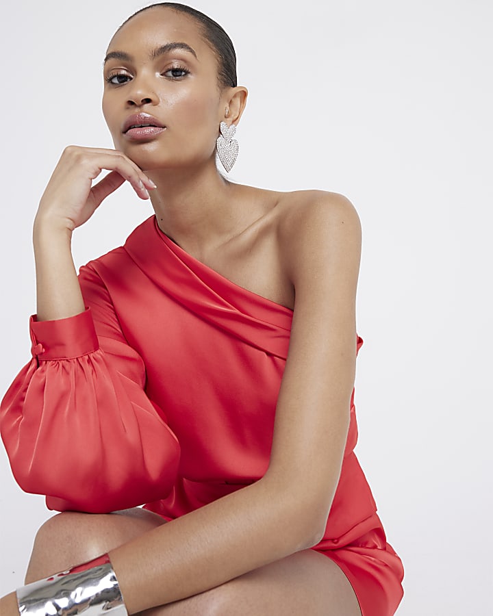 Red one shoulder asymmetric playsuit