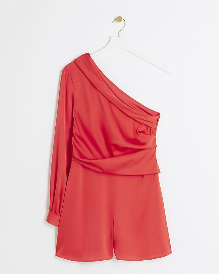 Red one shoulder asymmetric playsuit