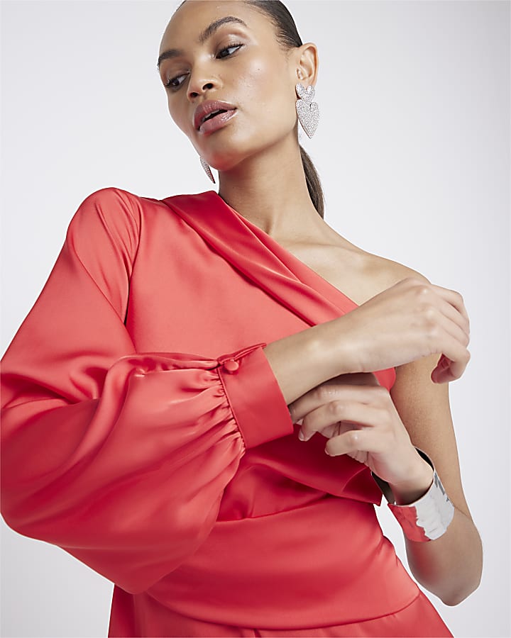 Red one shoulder asymmetric playsuit