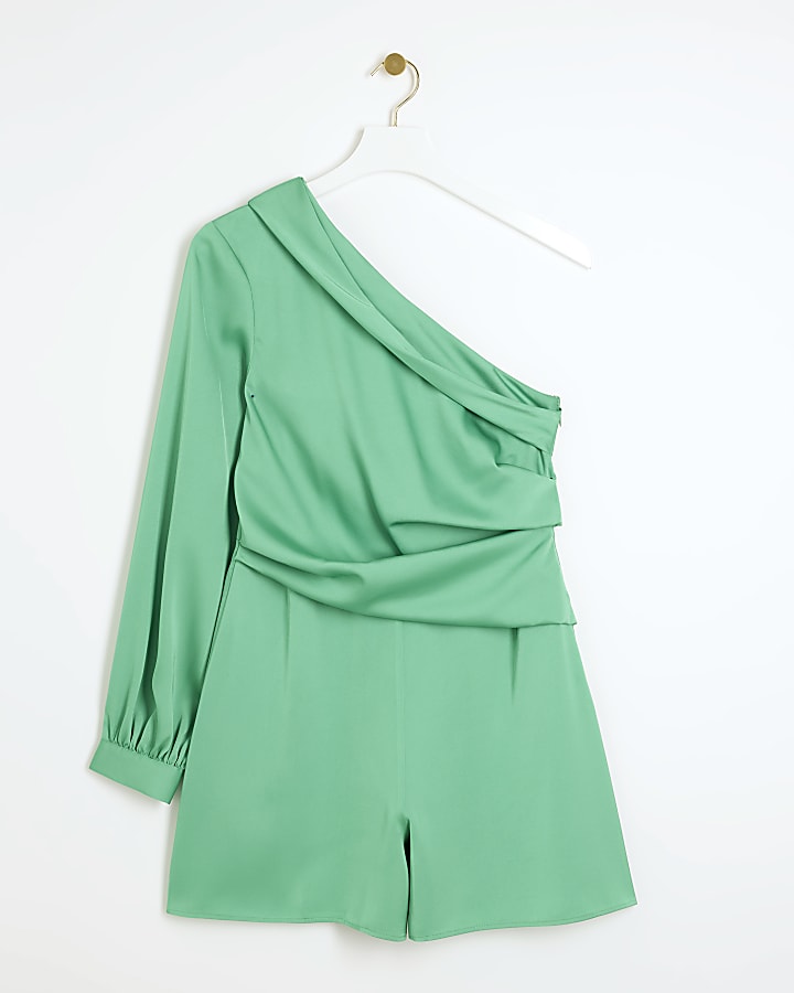 Green one shoulder asymmetric playsuit