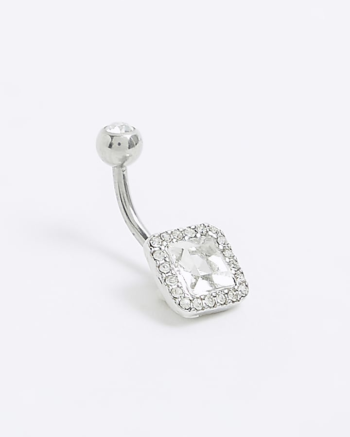 Silver Square Diamante Belly Bar