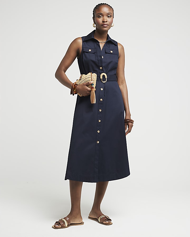 Navy Belted Sleeveless Midi Shirt Dress River Island