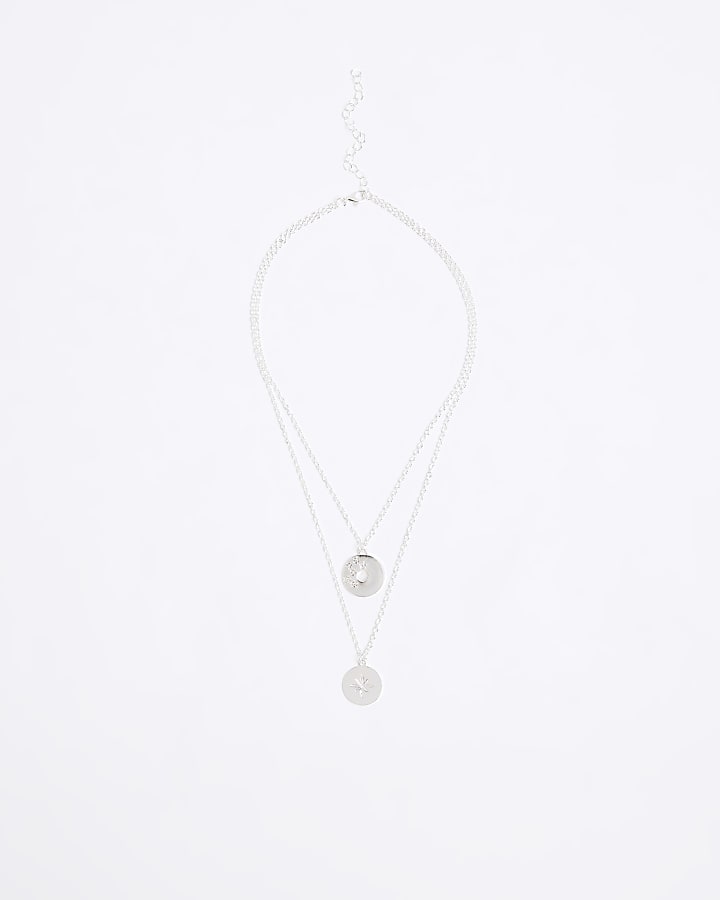 Silver Disc Pendant Multirow Necklace