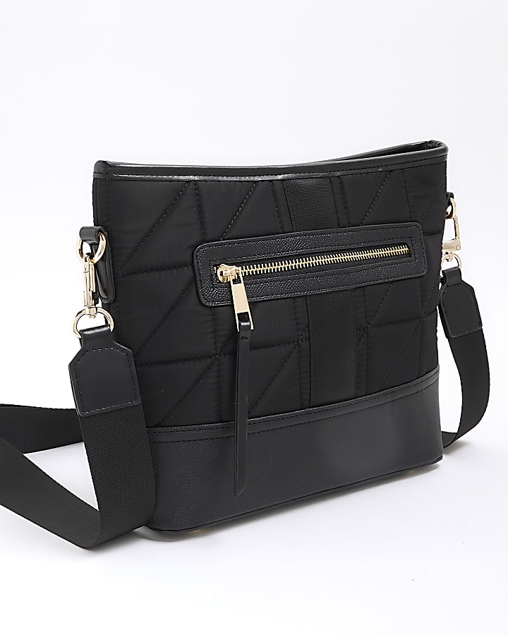 Black quilted zip pocket cross body bag