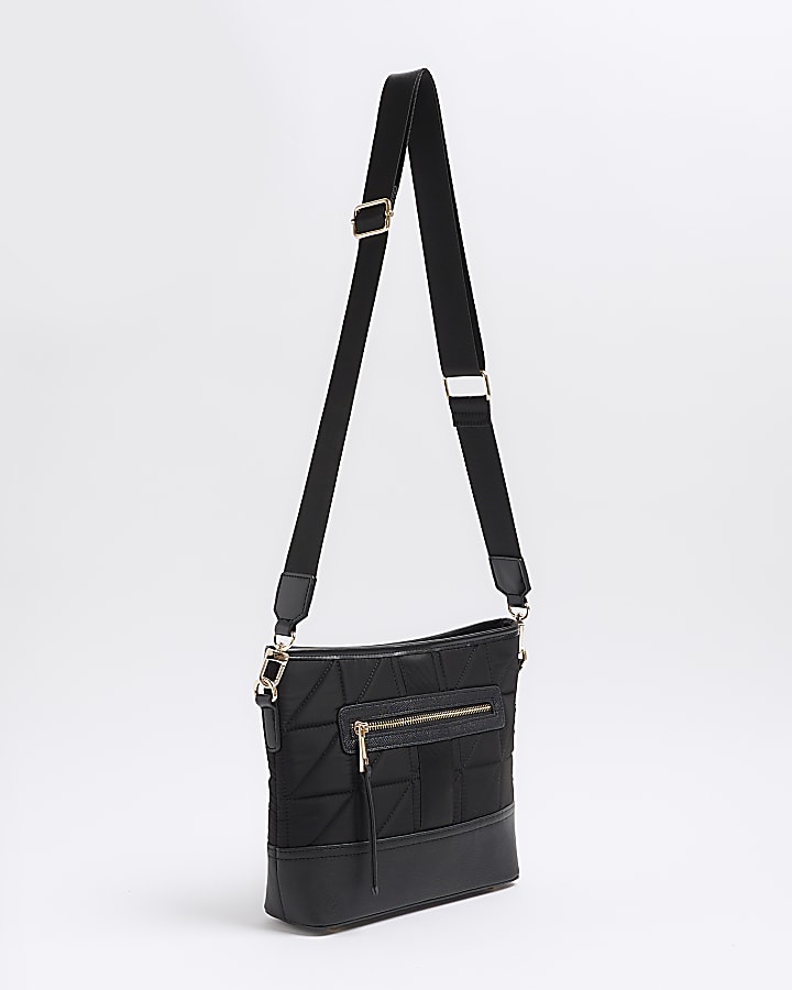 Black quilted zip pocket cross body bag