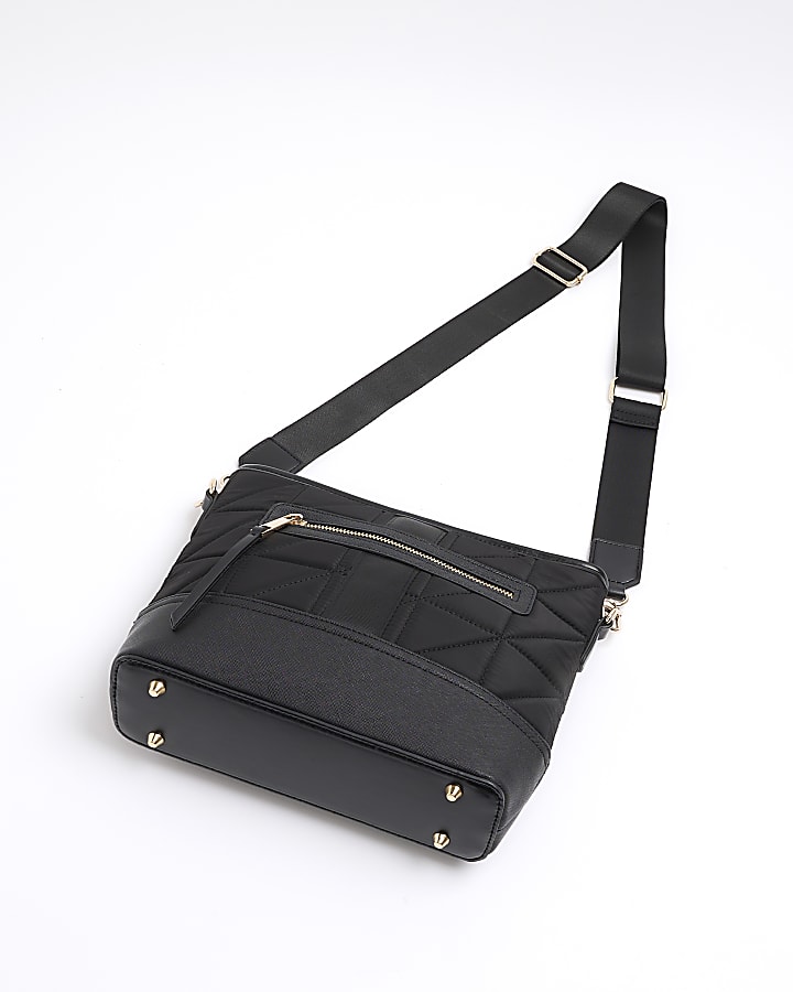 Black quilted zip pocket cross body bag